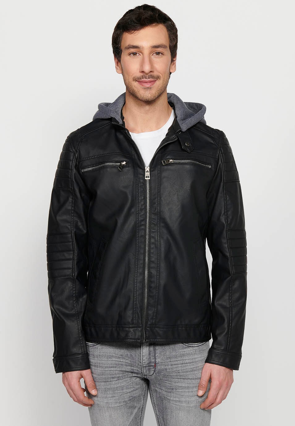 Veste coupe-vent à manches longues avec fermeture zippée sur le devant et col à capuche amovible réglable avec cordon de serrage en Noir pour homme 1