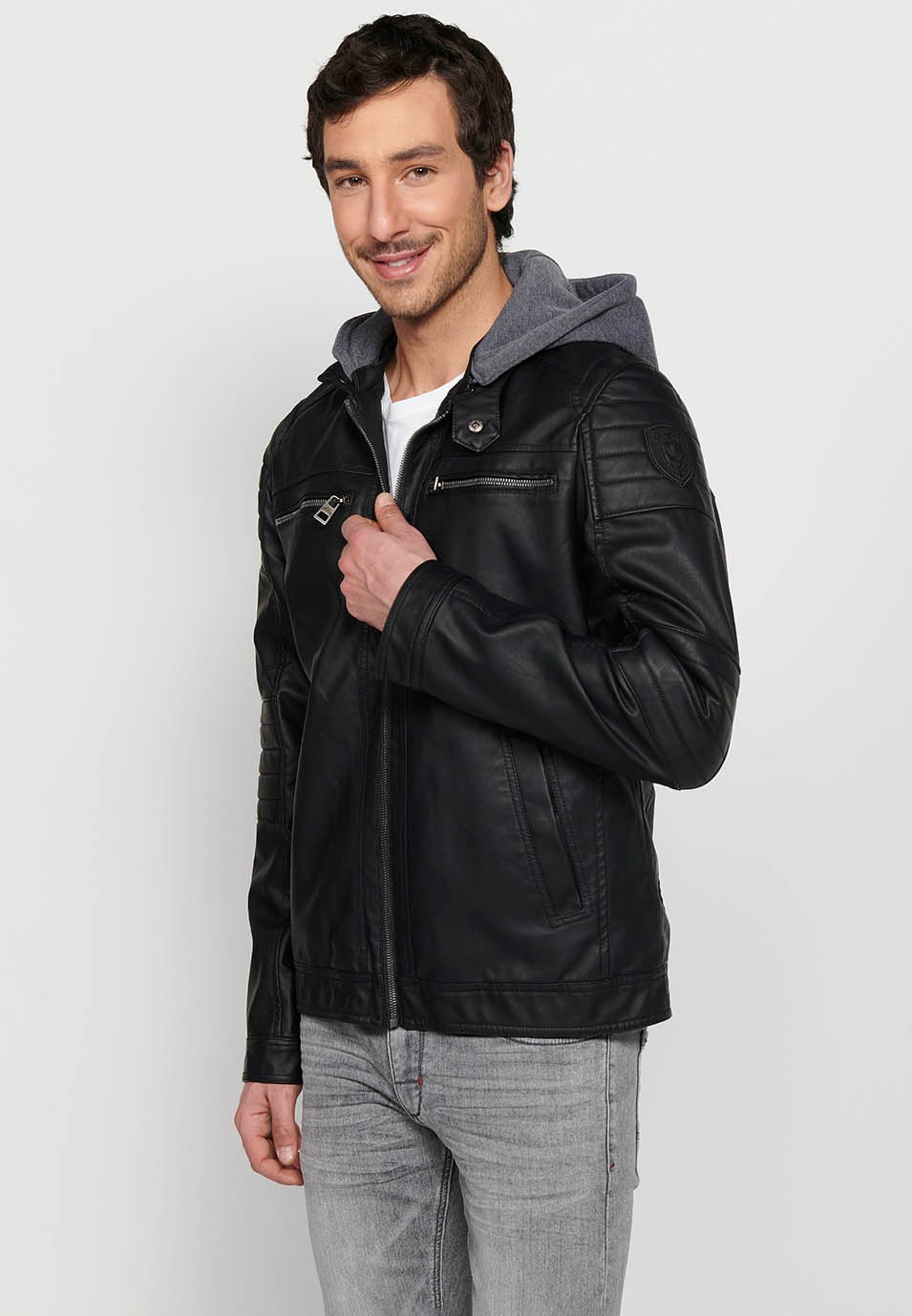 Long-sleeved windbreaker jacket with zipper front closure and adjustable detachable hooded collar with drawstring in Black for Men 3