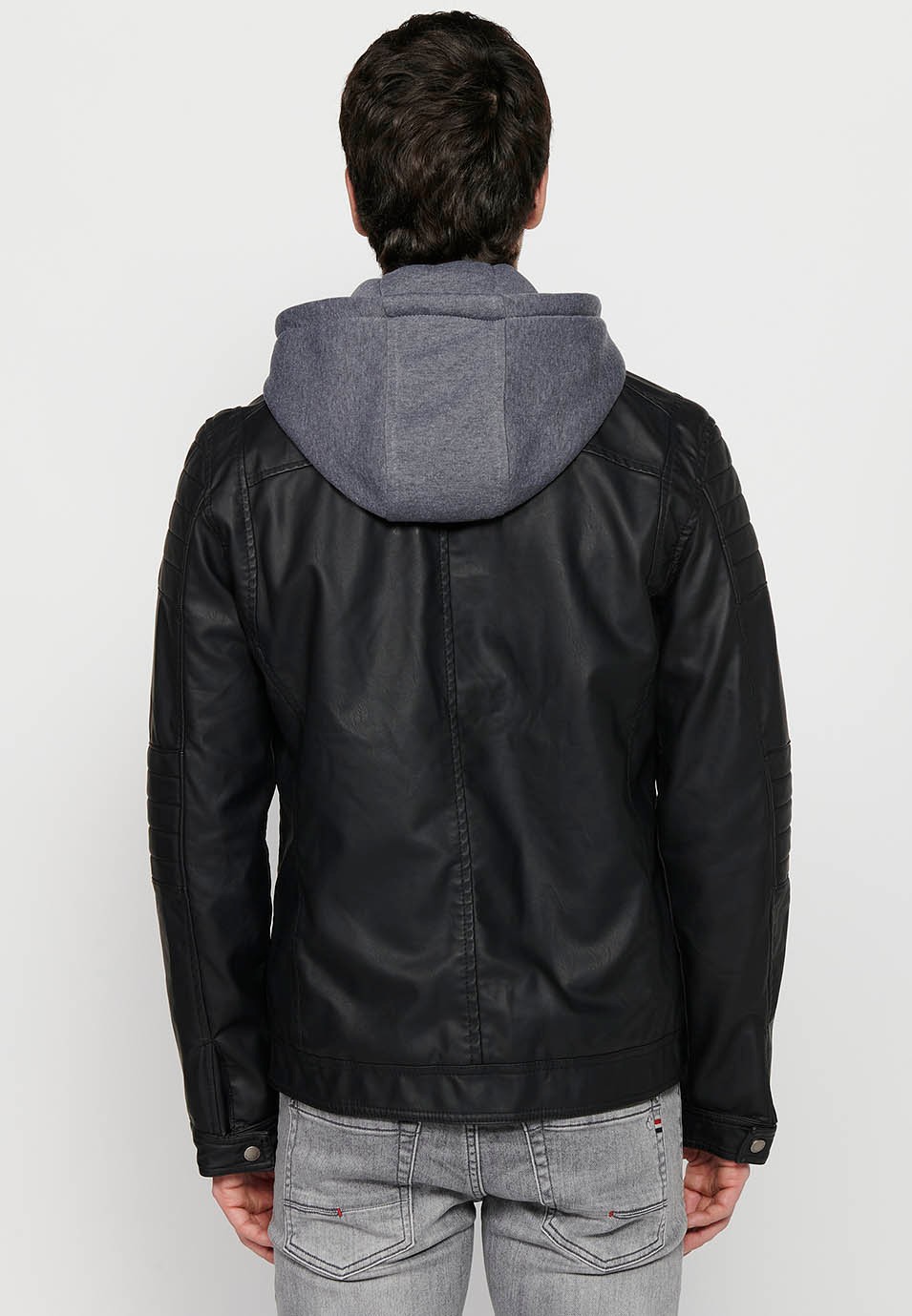 Veste coupe-vent à manches longues avec fermeture zippée sur le devant et col à capuche amovible réglable avec cordon de serrage en Noir pour homme 7