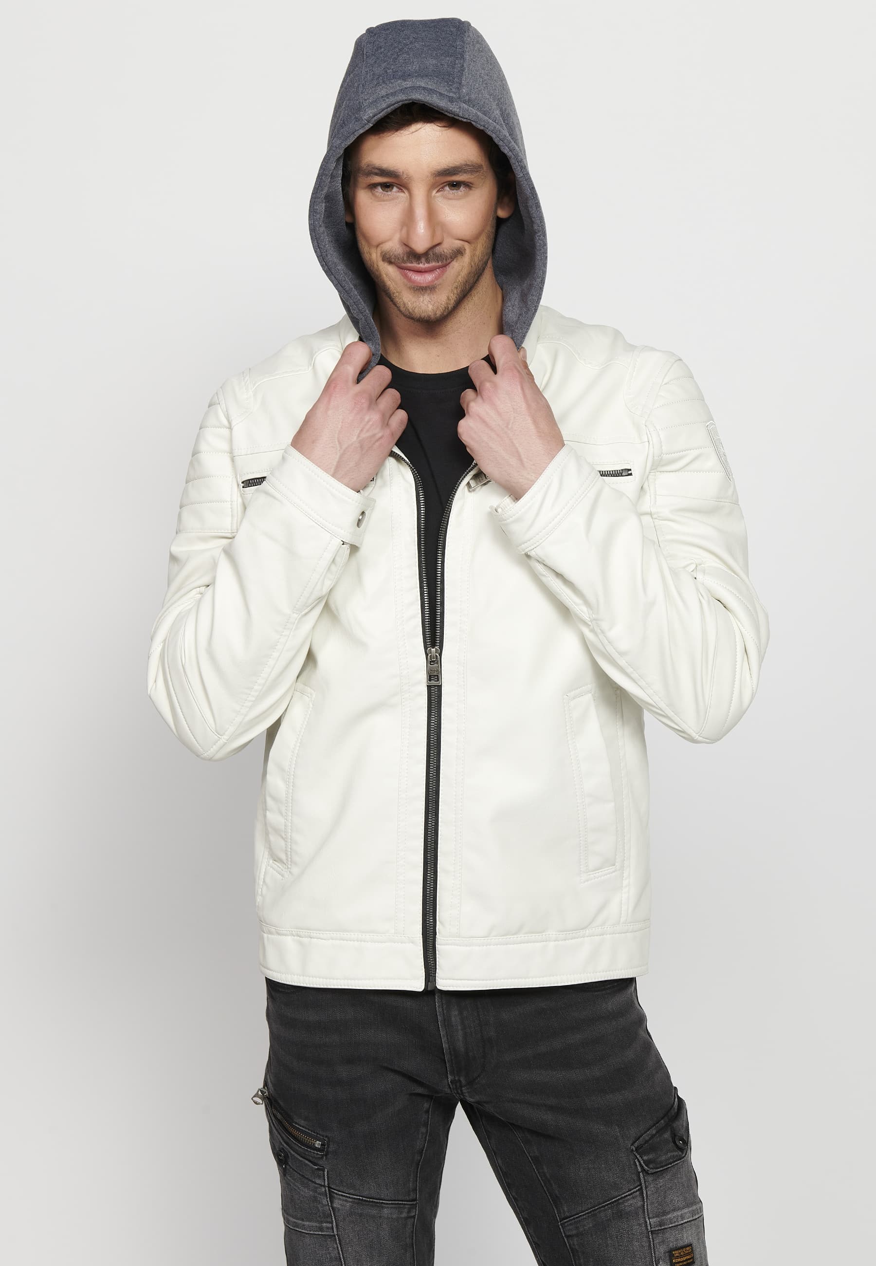 Long-sleeved jacket with zipper front closure and adjustable detachable hooded collar with drawstring in Ecru for Men 9