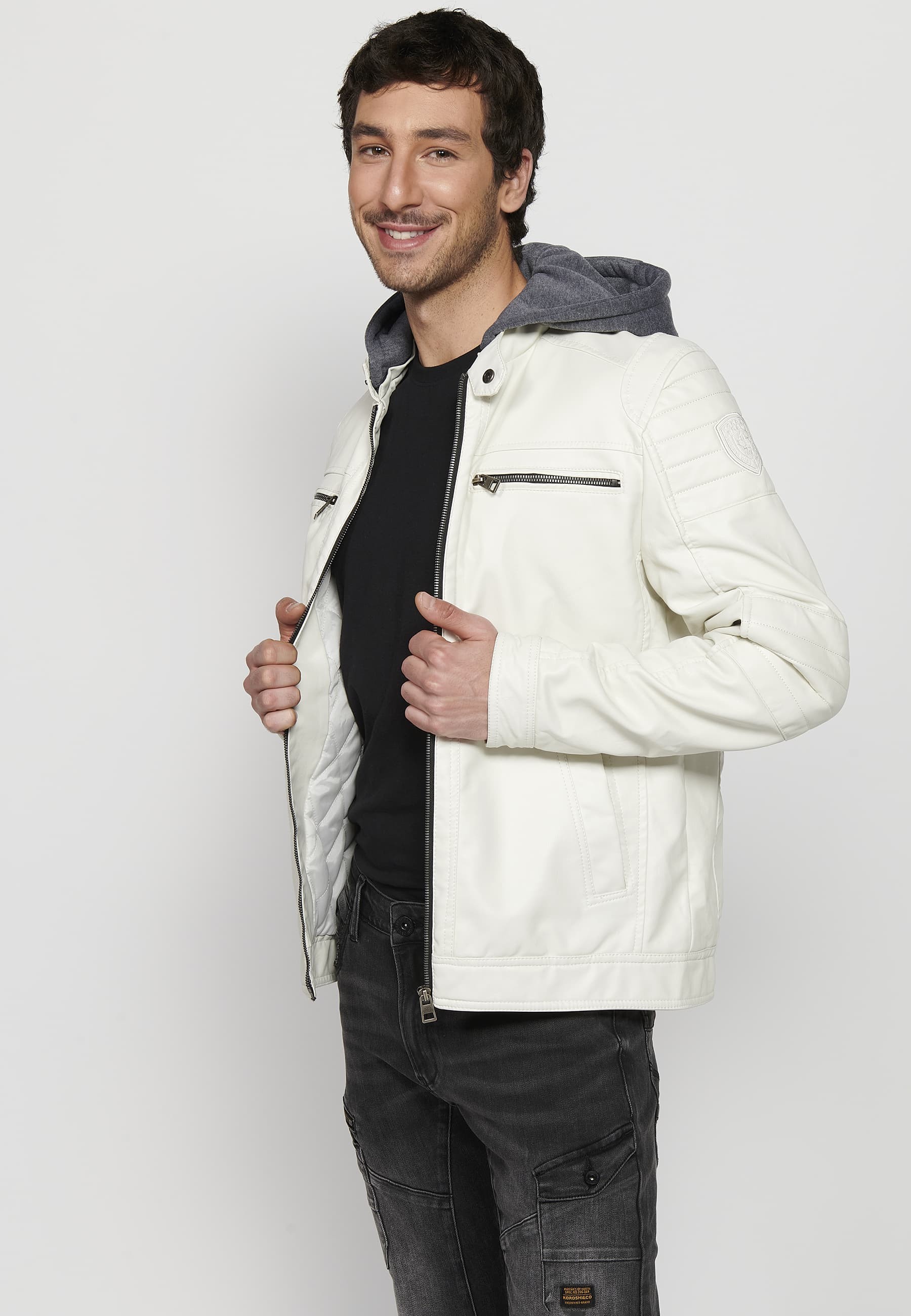 Long-sleeved jacket with zipper front closure and adjustable detachable hooded collar with drawstring in Ecru for Men 12