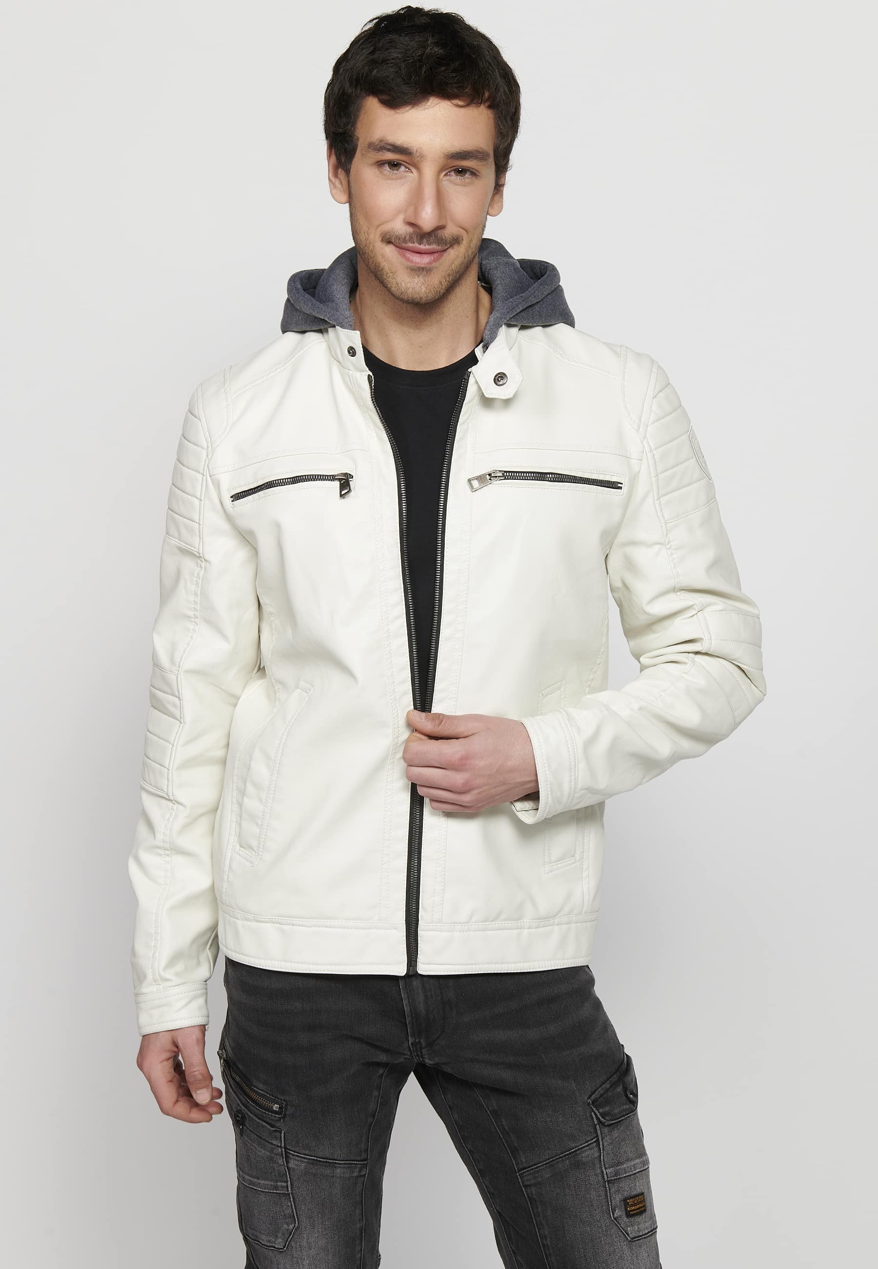 Long-sleeved jacket with zipper front closure and adjustable detachable hooded collar with drawstring in Ecru for Men