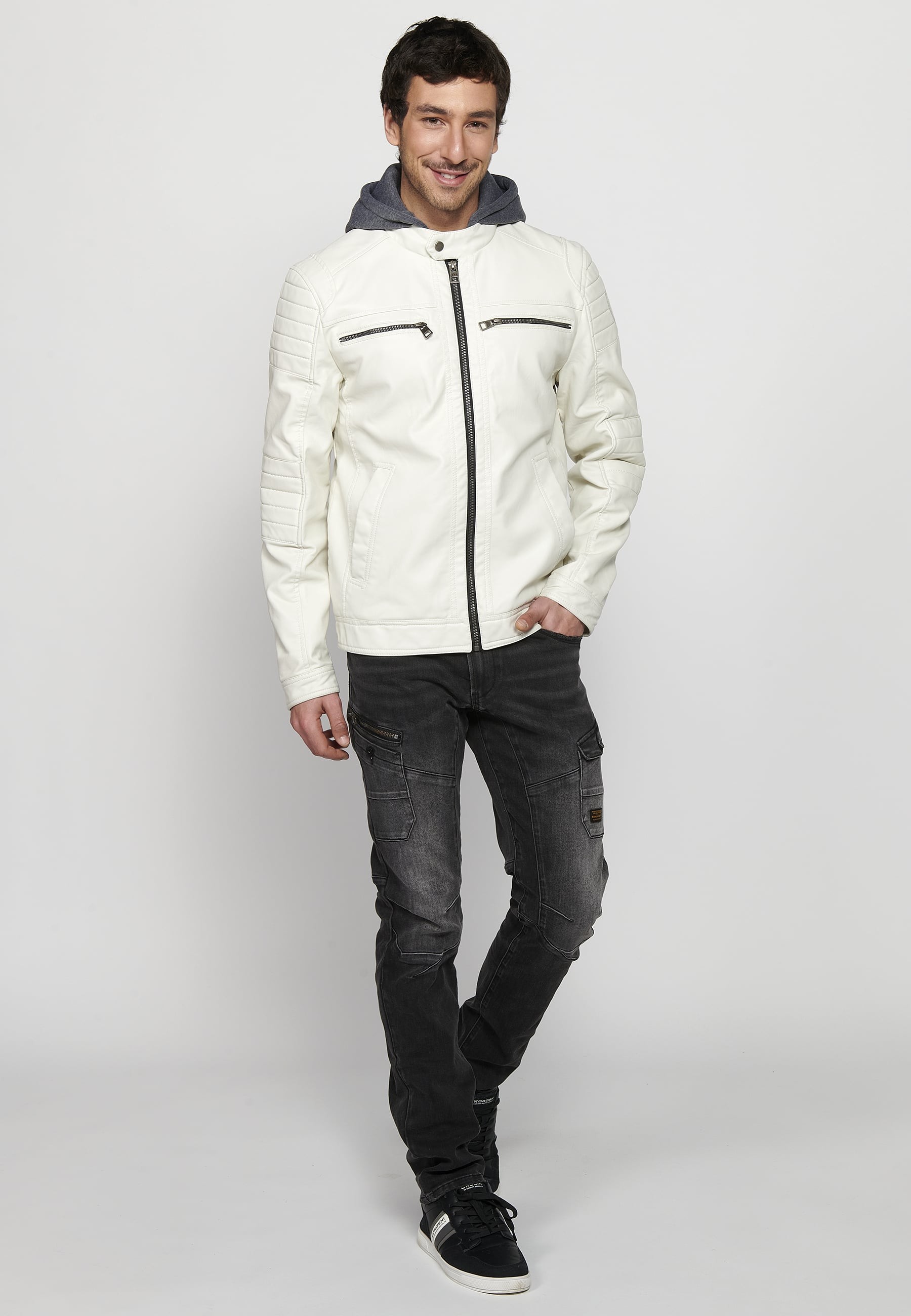 Long-sleeved jacket with zipper front closure and adjustable detachable hooded collar with drawstring in Ecru for Men 3