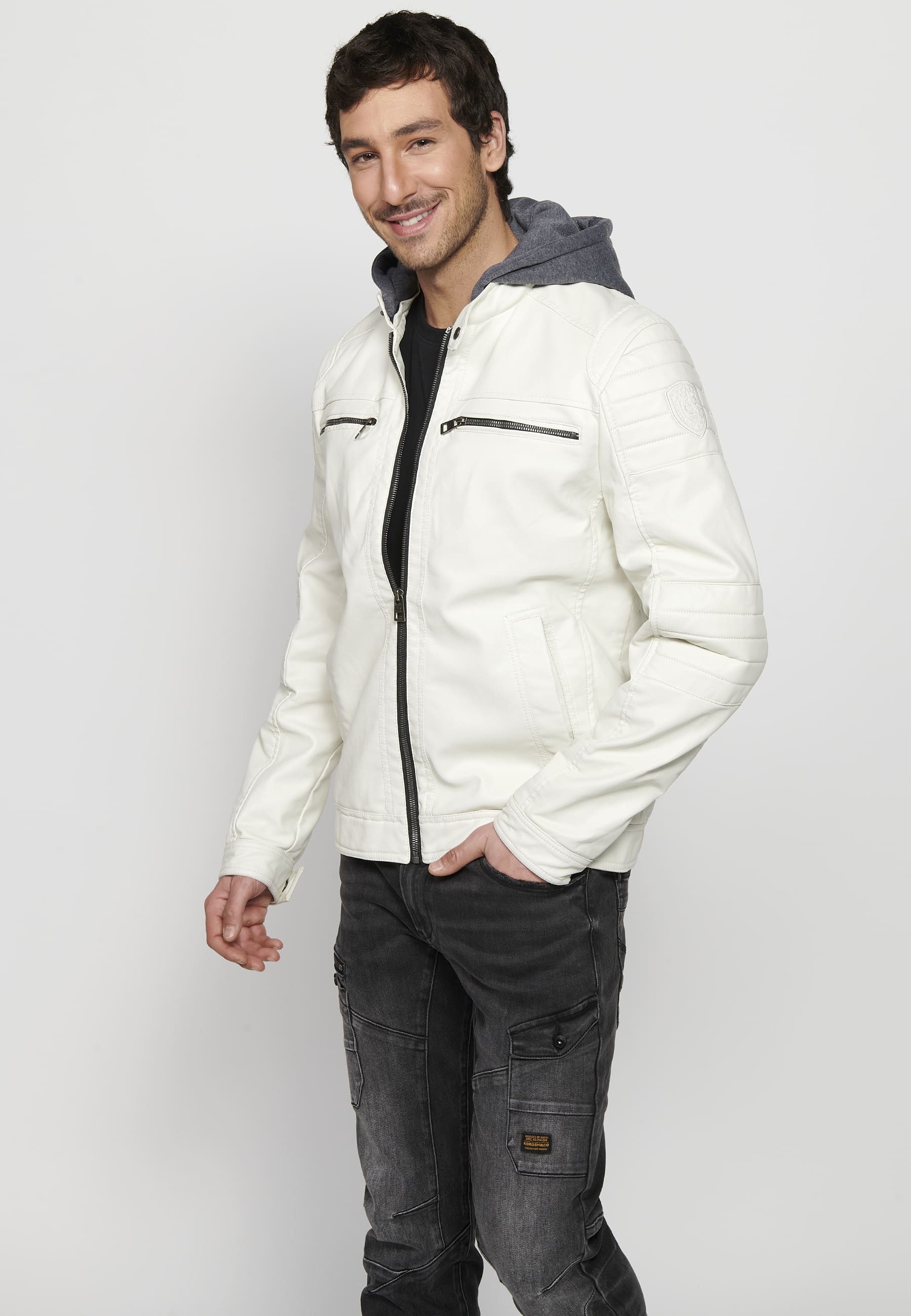 Long-sleeved jacket with zipper front closure and adjustable detachable hooded collar with drawstring in Ecru for Men 1