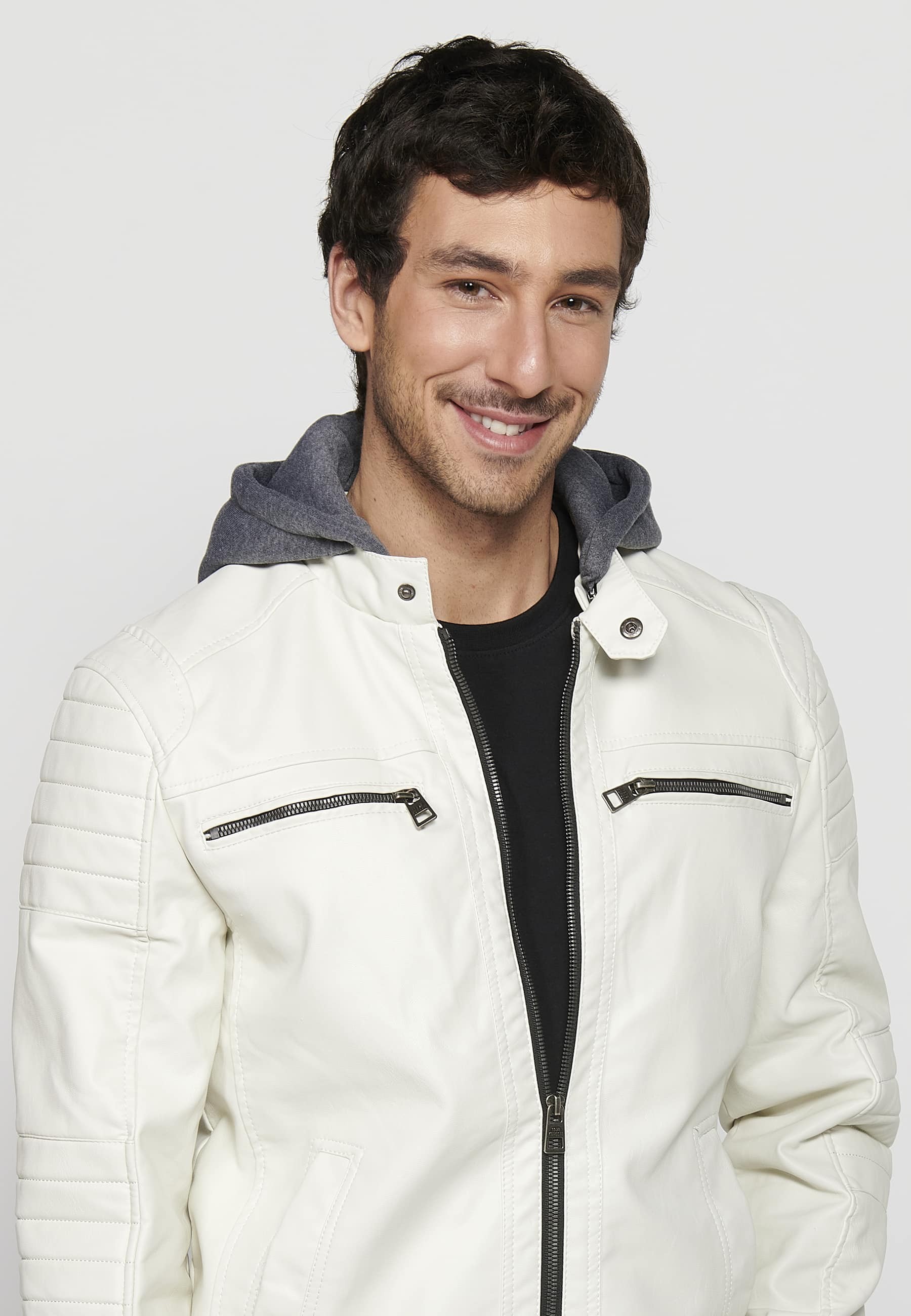 Long-sleeved jacket with zipper front closure and adjustable detachable hooded collar with drawstring in Ecru for Men 5