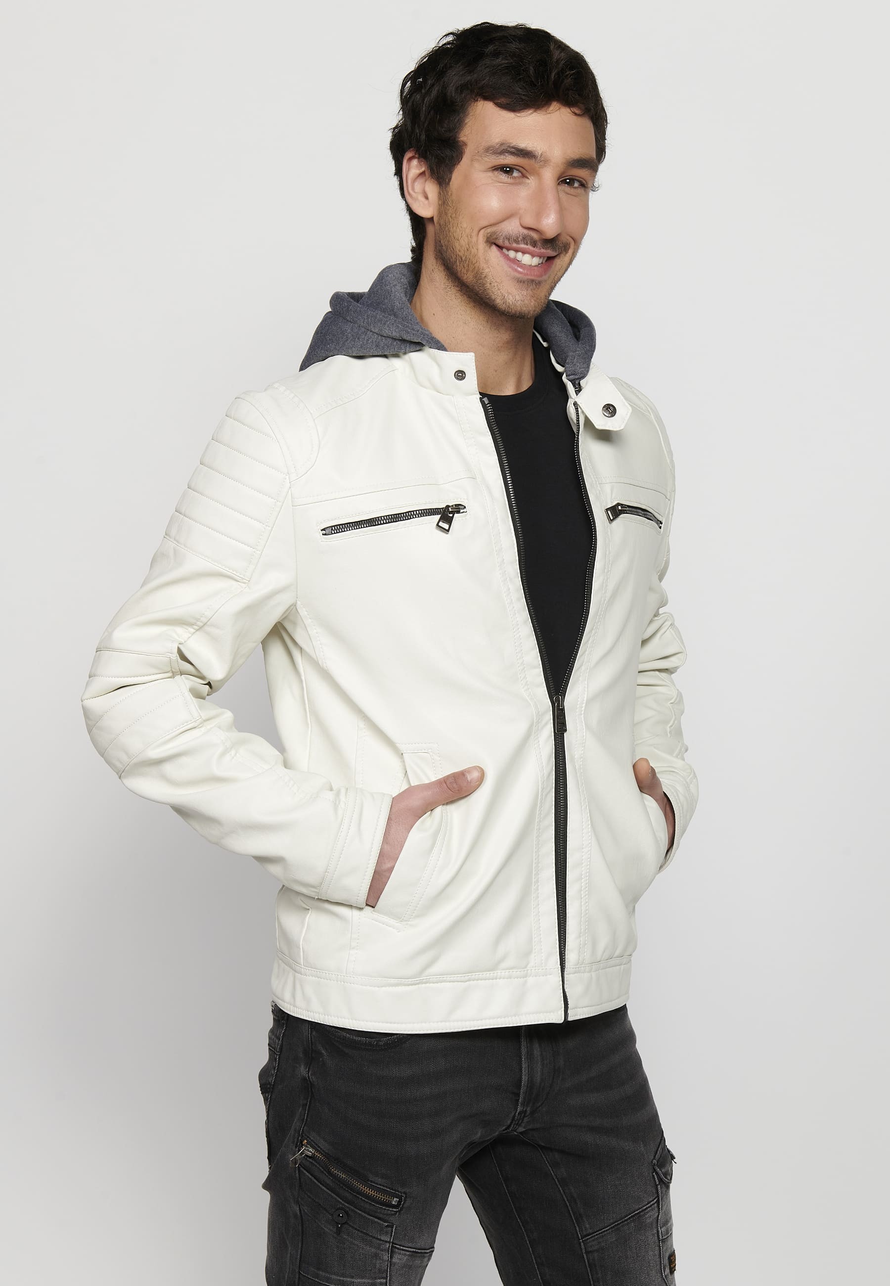 Long-sleeved jacket with zipper front closure and adjustable detachable hooded collar with drawstring in Ecru for Men 4