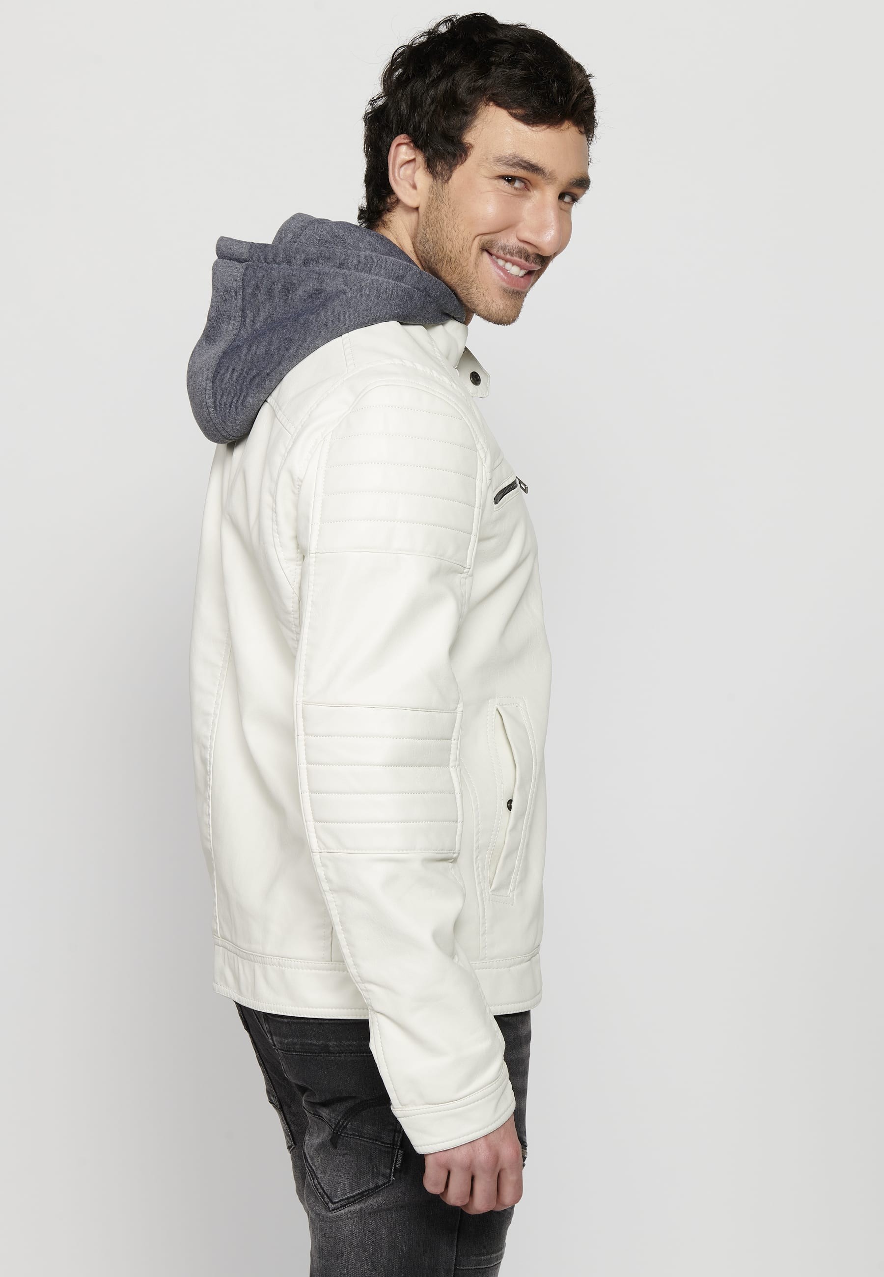 Long-sleeved jacket with zipper front closure and adjustable detachable hooded collar with drawstring in Ecru for Men 6