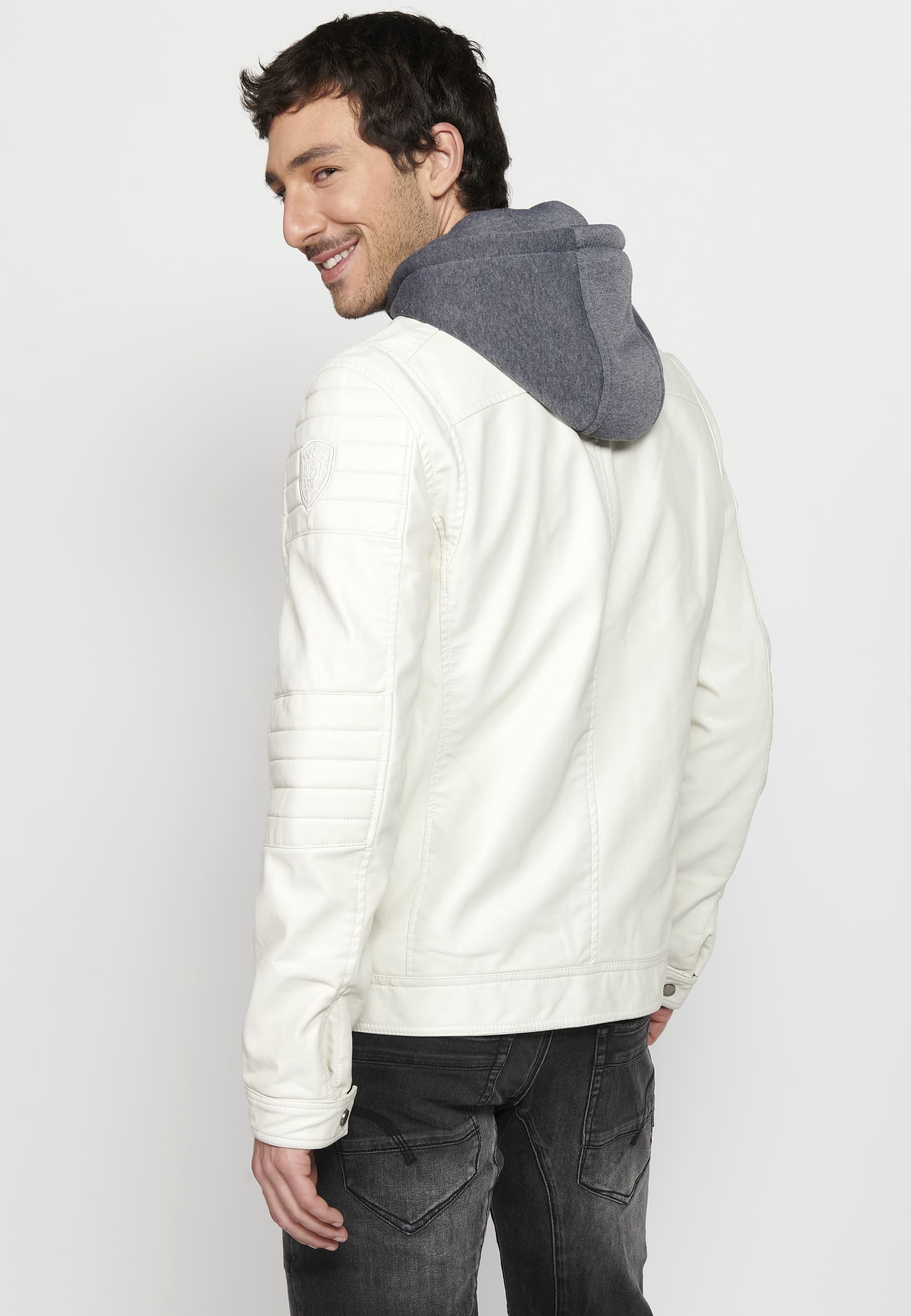 Long-sleeved jacket with zipper front closure and adjustable detachable hooded collar with drawstring in Ecru for Men 7