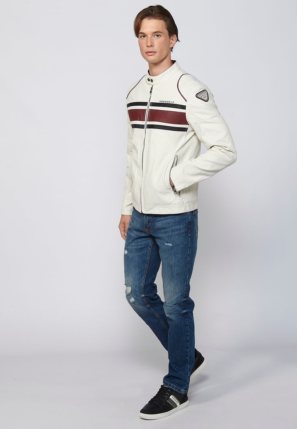 Long-sleeved jacket with round neck and front zipper closure and details on the sleeves in Ecru for Men