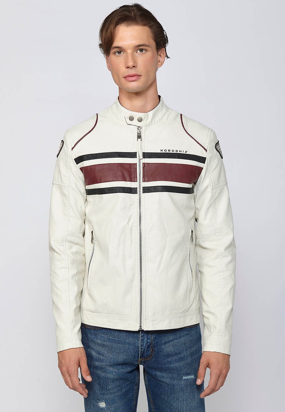 Long-sleeved jacket with round neck and front zipper closure and details on the sleeves in Ecru for Men