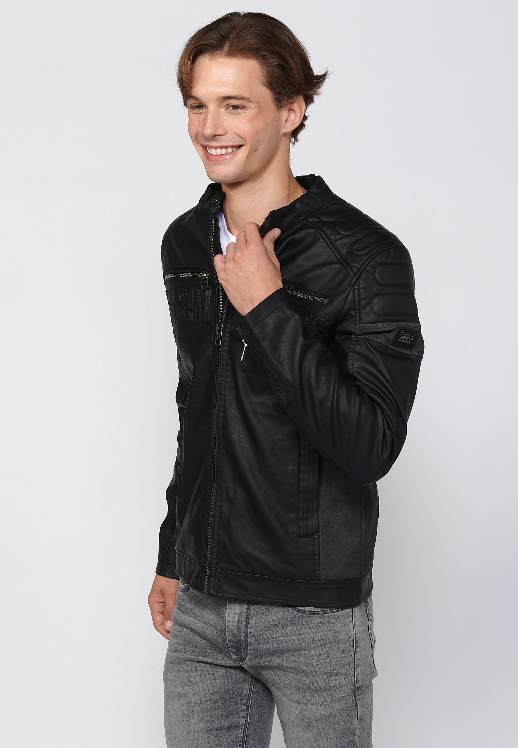 Leather-look jacket with front zipper closure and round neck in Black for Men