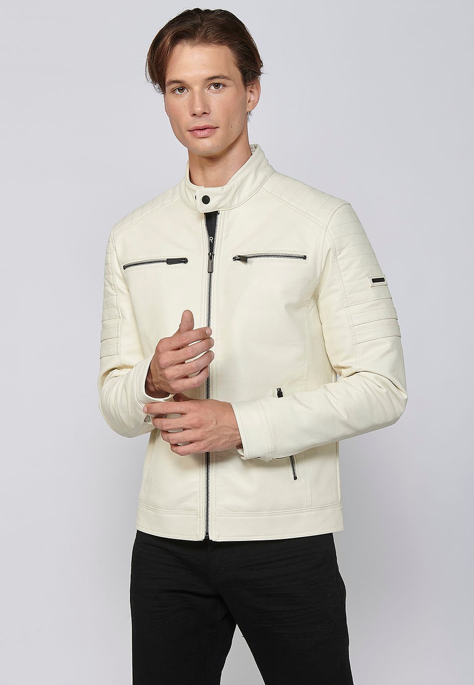 Long-sleeved Jacket with Round Neck and Details on the shoulders and arms in Ecru for Men