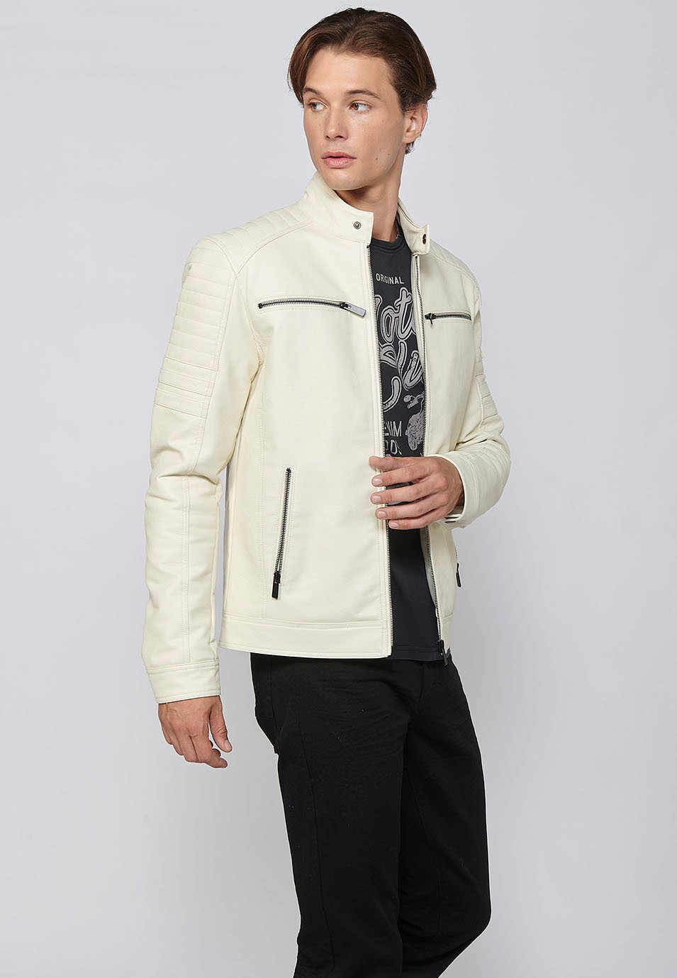 Long-sleeved Jacket with Round Neck and Details on the shoulders and arms in Ecru for Men