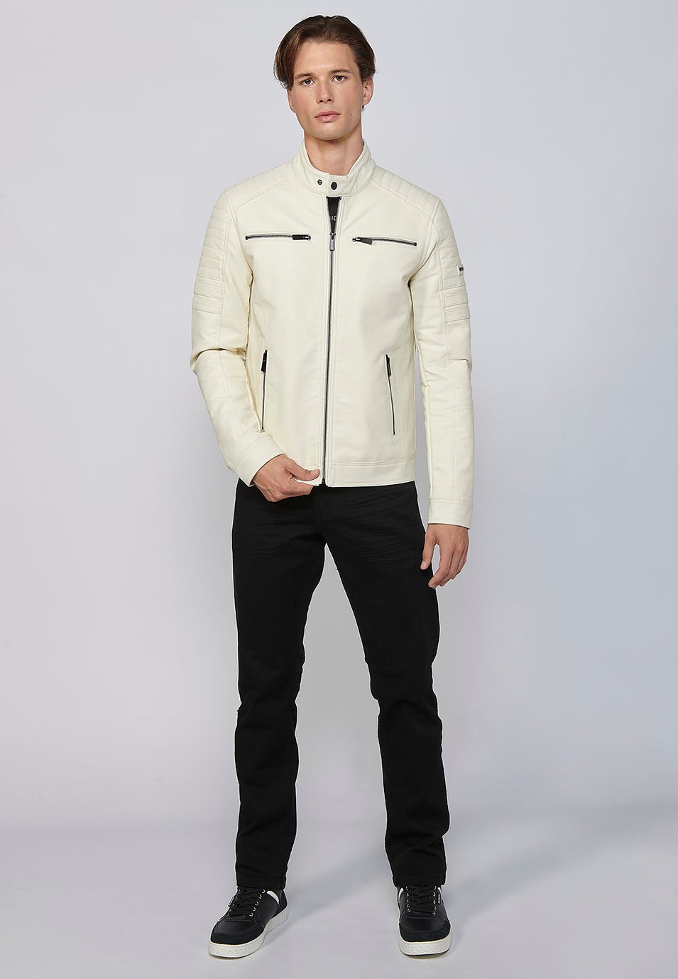 Long-sleeved Jacket with Round Neck and Details on the shoulders and arms in Ecru for Men