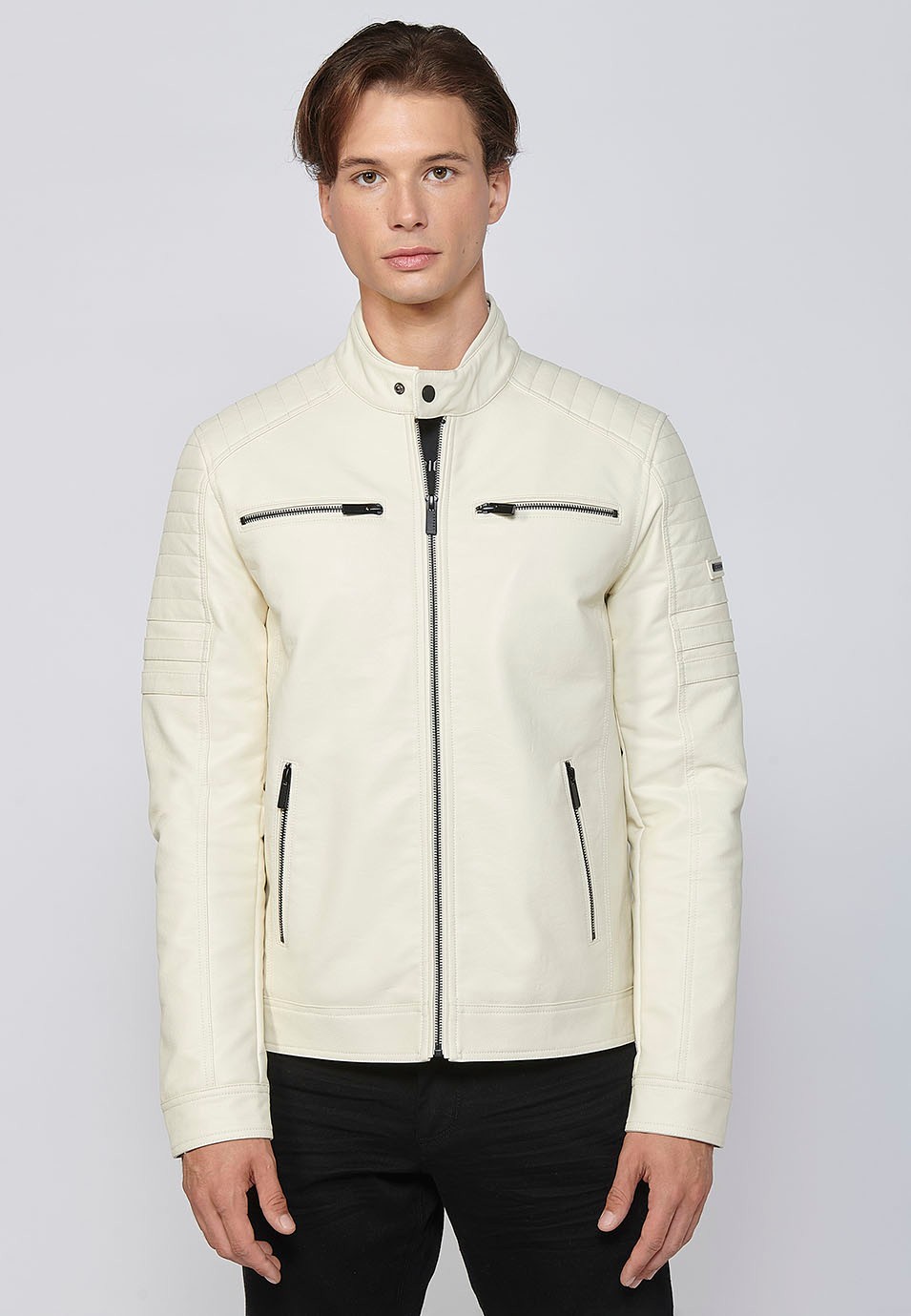 Long-sleeved Jacket with Round Neck and Details on the shoulders and arms in Ecru for Men