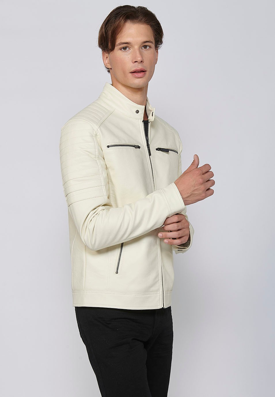 Long-sleeved Jacket with Round Neck and Details on the shoulders and arms in Ecru for Men