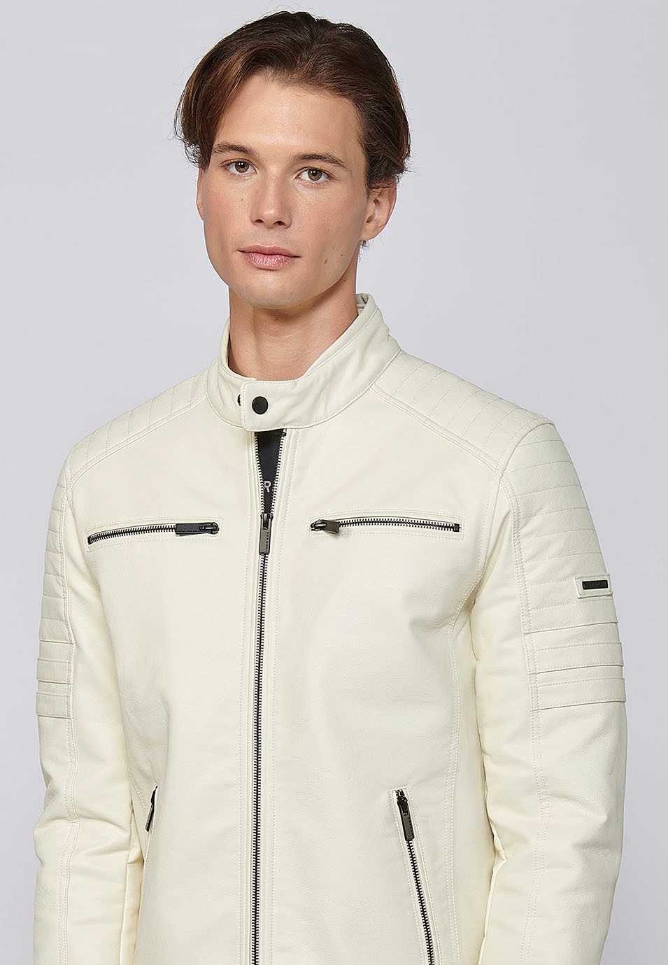 Long-sleeved Jacket with Round Neck and Details on the shoulders and arms in Ecru for Men