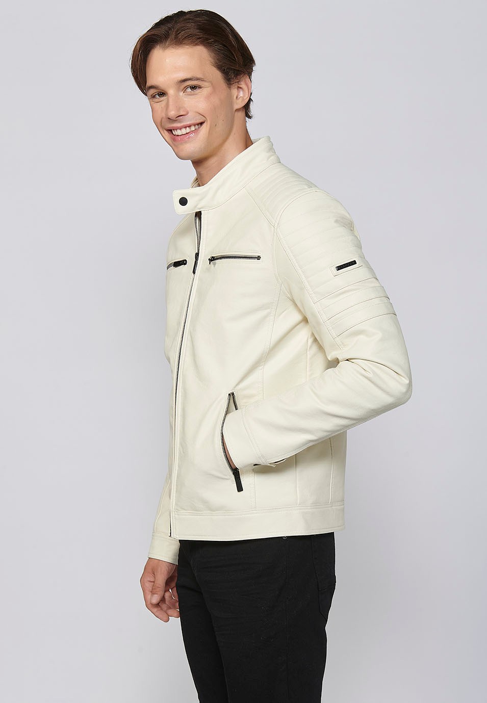 Long-sleeved Jacket with Round Neck and Details on the shoulders and arms in Ecru for Men