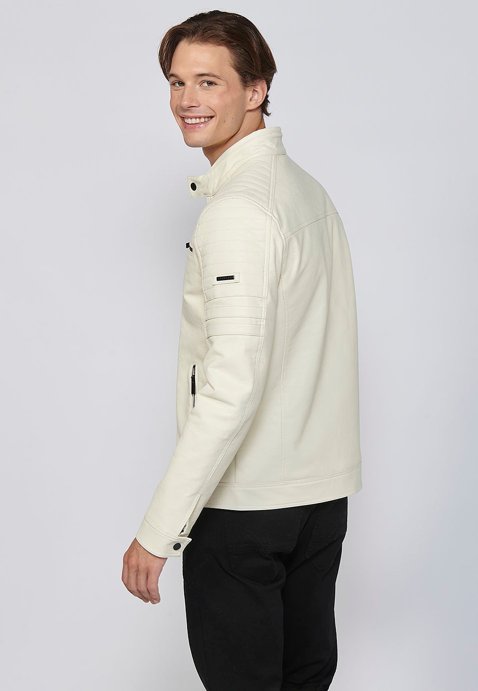 Long-sleeved Jacket with Round Neck and Details on the shoulders and arms in Ecru for Men