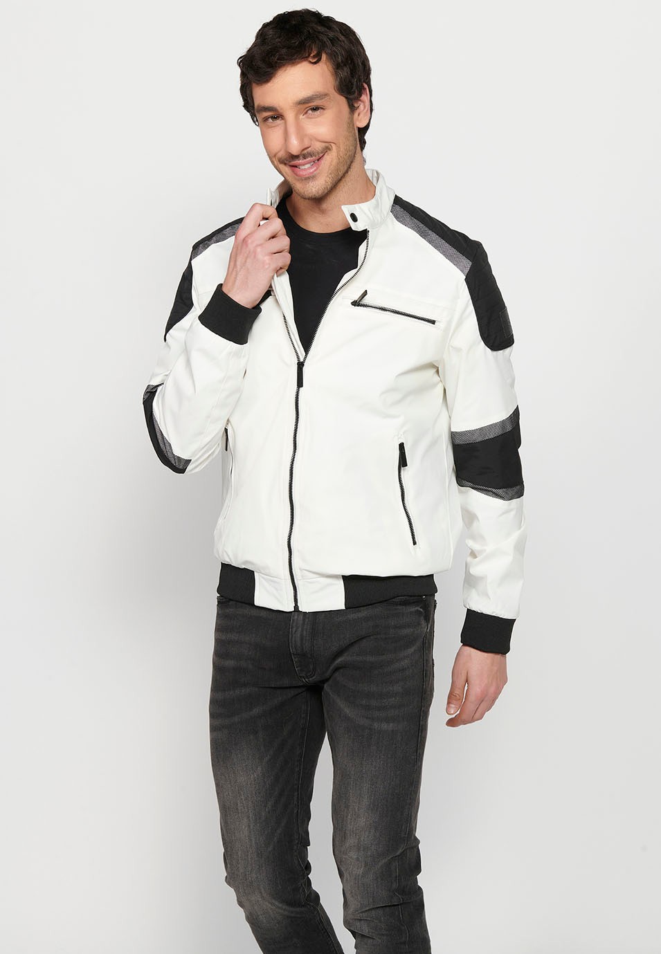 White Long Sleeve Jacket with High Round Neck, Pockets and Front Zipper Closure for Men 10