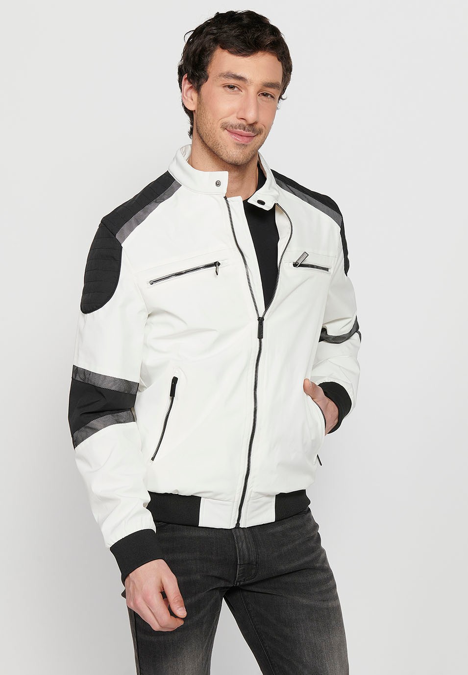White Long Sleeve Jacket with High Round Neck, Pockets and Front Zipper Closure for Men