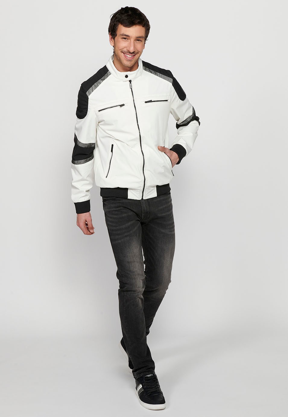 White Long Sleeve Jacket with High Round Neck, Pockets and Front Zipper Closure for Men 4