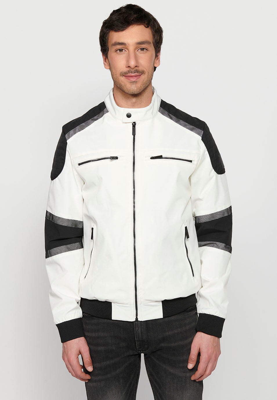 White Long Sleeve Jacket with High Round Neck, Pockets and Front Zipper Closure for Men 2