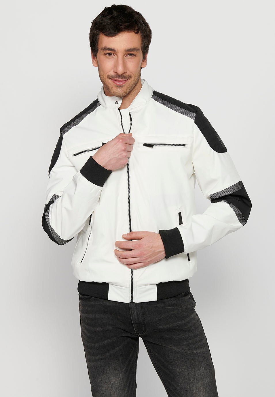 White Long Sleeve Jacket with High Round Neck, Pockets and Front Zipper Closure for Men 1
