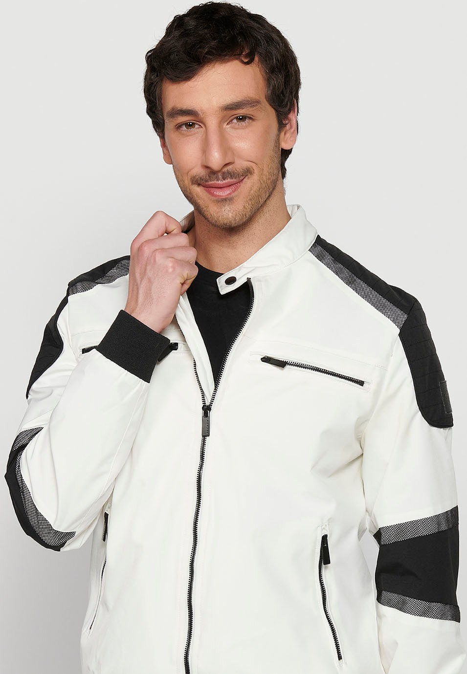White Long Sleeve Jacket with High Round Neck, Pockets and Front Zipper Closure for Men 3