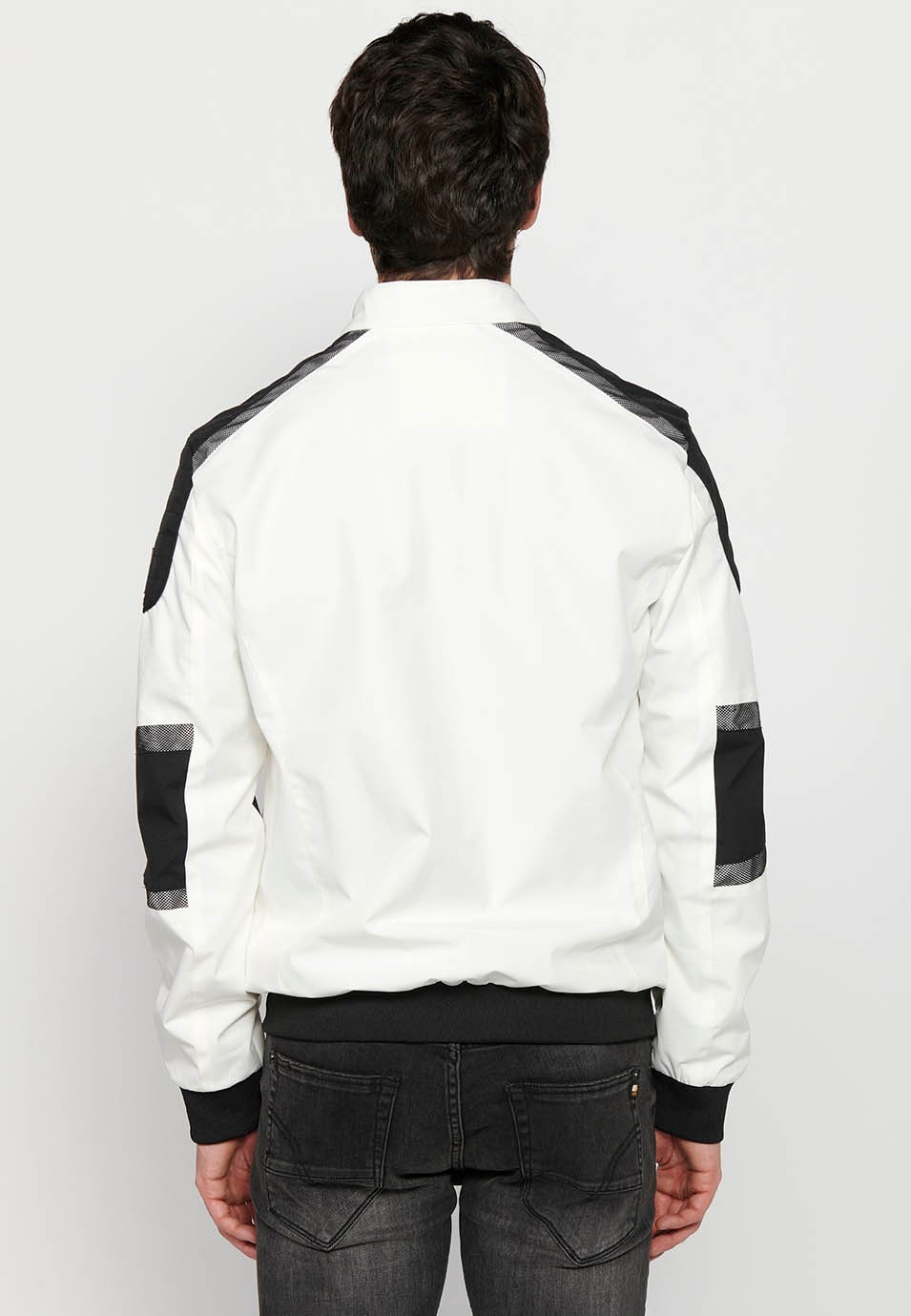 White Long Sleeve Jacket with High Round Neck, Pockets and Front Zipper Closure for Men 8