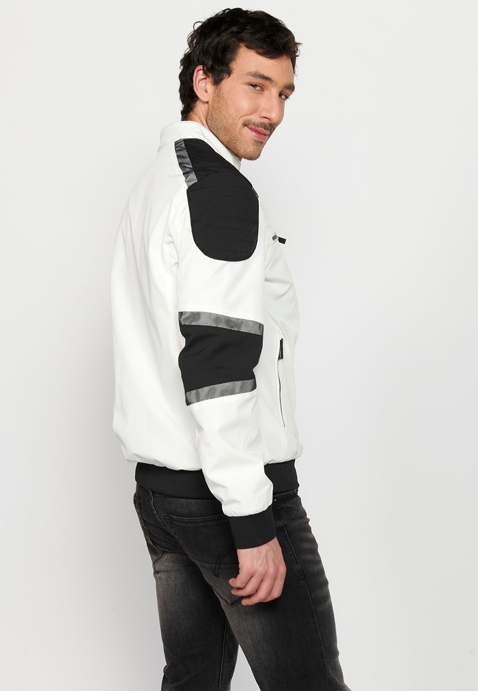 White Long Sleeve Jacket with High Round Neck, Pockets and Front Zipper Closure for Men 7