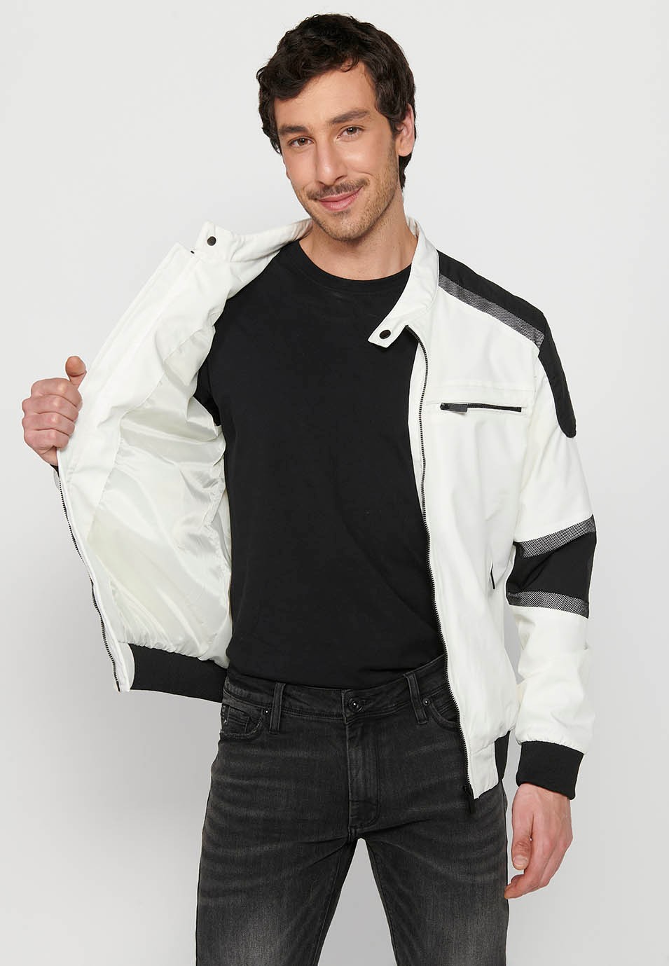 White Long Sleeve Jacket with High Round Neck, Pockets and Front Zipper Closure for Men 6