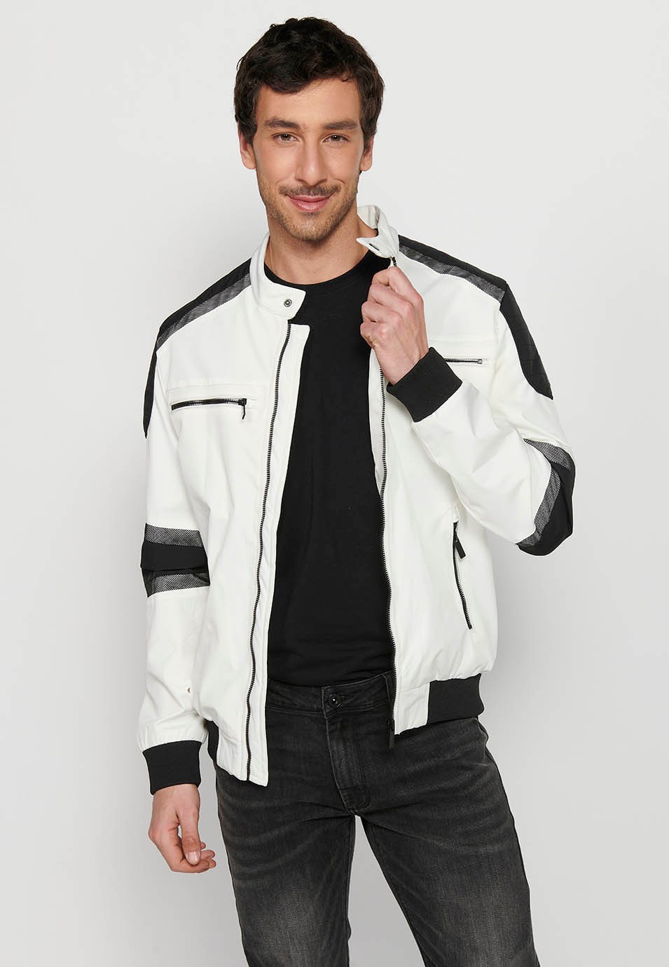 White Long Sleeve Jacket with High Round Neck, Pockets and Front Zipper Closure for Men 9