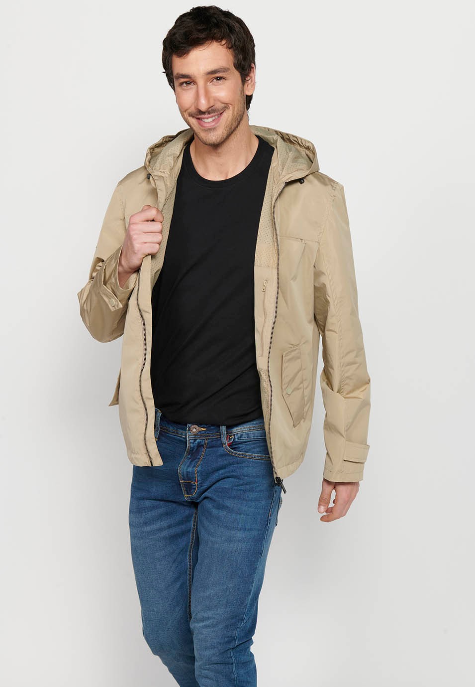 Water Repellent Jacket with Hooded Collar and Front Zipper Closure, Beige Pockets for Men 9