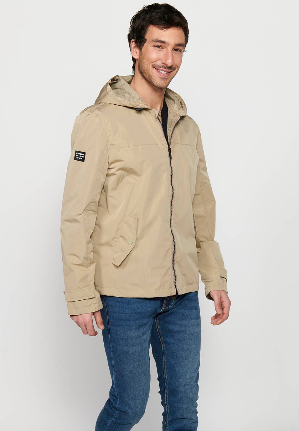 Water Repellent Jacket with Hooded Collar and Front Zipper Closure, Beige Pockets for Men