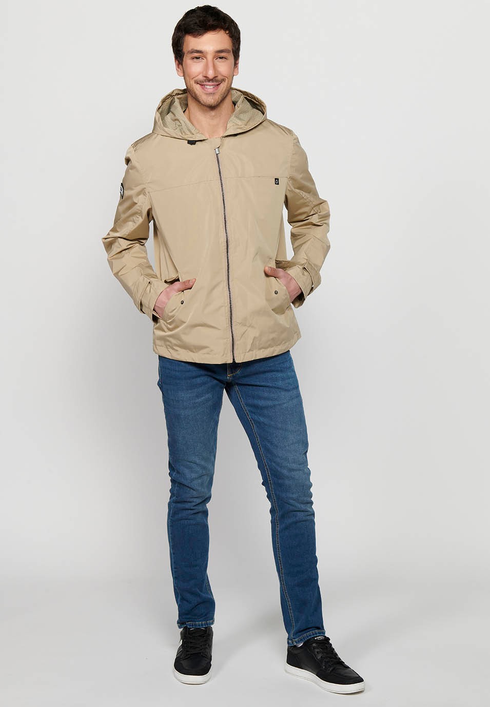 Water Repellent Jacket with Hooded Collar and Front Zipper Closure, Beige Pockets for Men 3
