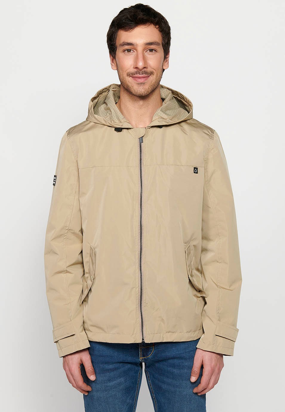 Water Repellent Jacket with Hooded Collar and Front Zipper Closure, Beige Pockets for Men 2