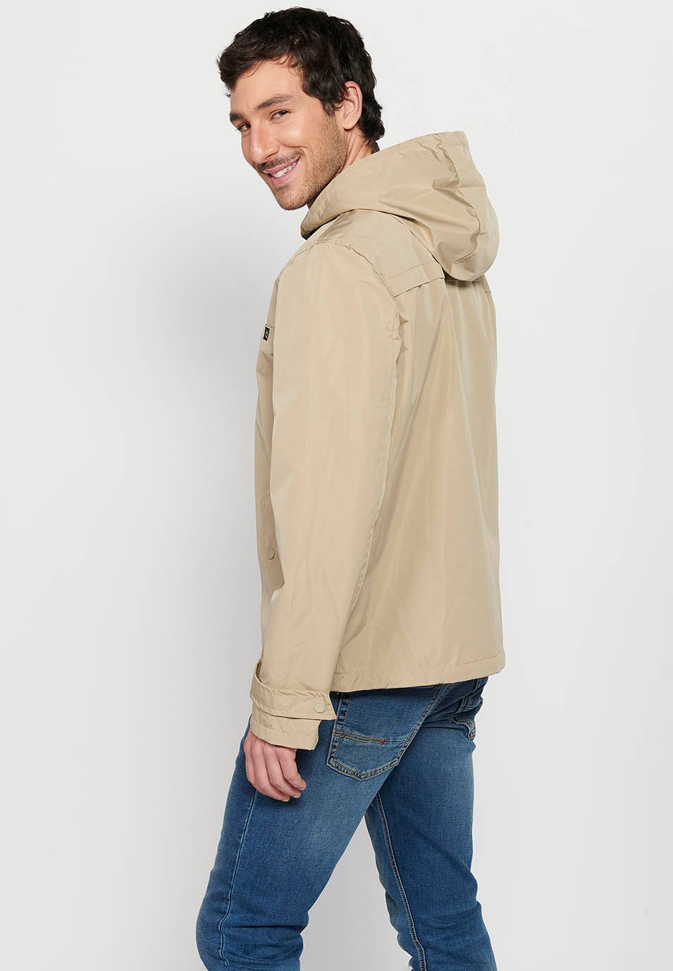 Water Repellent Jacket with Hooded Collar and Front Zipper Closure, Beige Pockets for Men 1