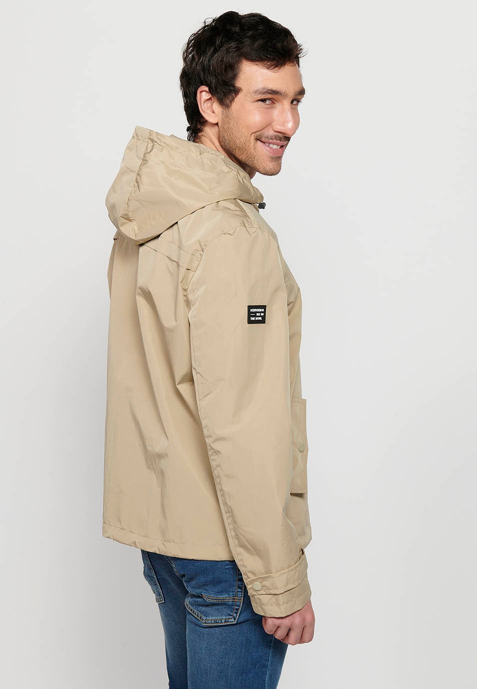 Water Repellent Jacket with Hooded Collar and Front Zipper Closure, Beige Pockets for Men 6