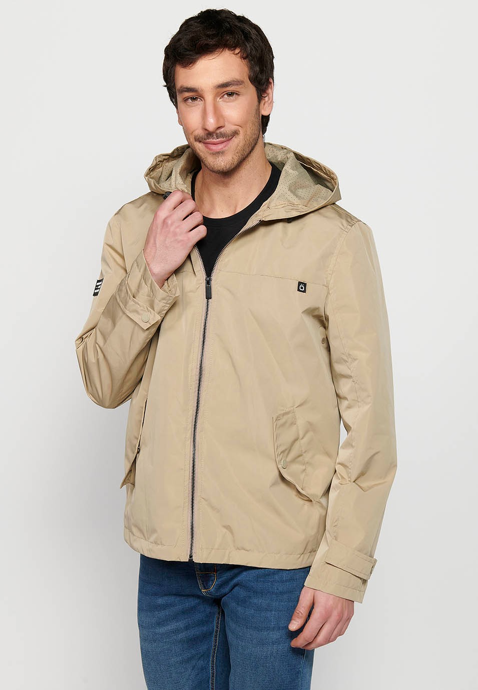 Water Repellent Jacket with Hooded Collar and Front Zipper Closure, Beige Pockets for Men 5