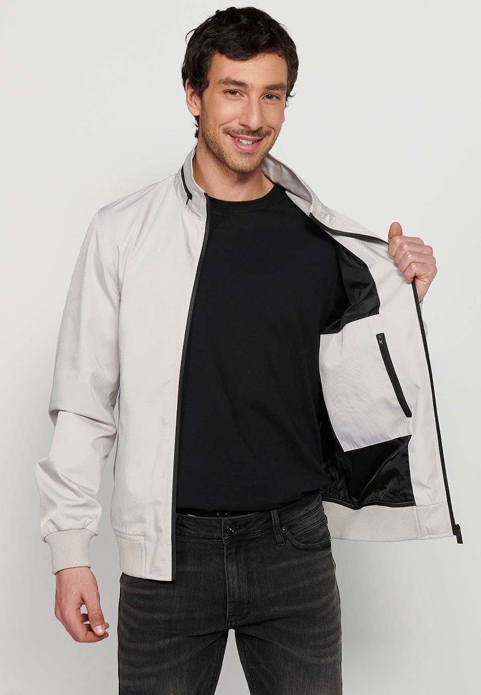 Long-sleeved ribbed-finish jacket with round neck and front zipper closure in Stone Color, for Men