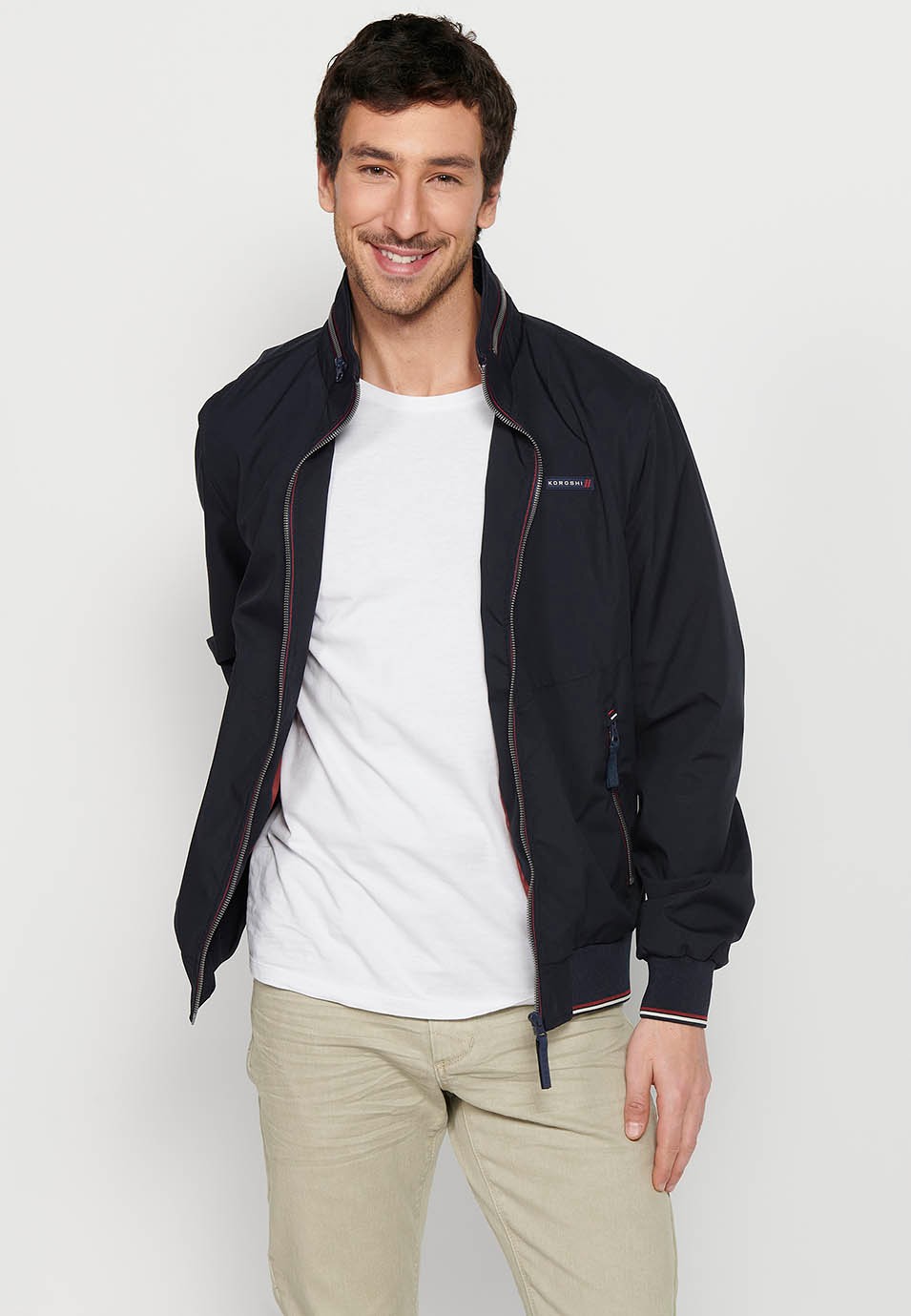 Long-sleeved high-neck jacket with front zipper closure and ribbed finishes with pockets, one inside in Navy for Men 5