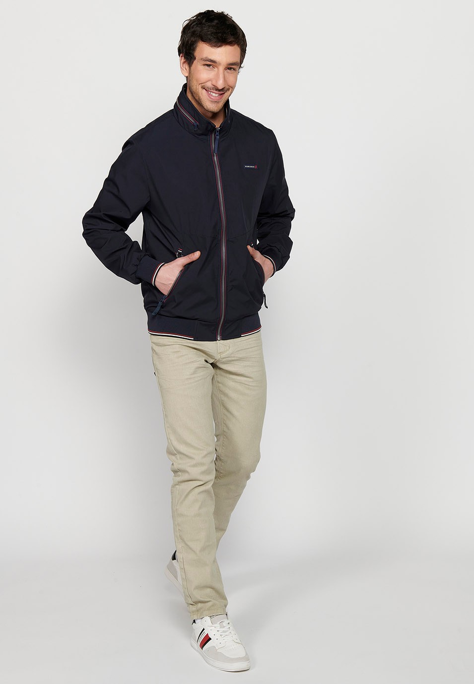 Long-sleeved high-neck jacket with front zipper closure and ribbed finishes with pockets, one inside in Navy for Men 3