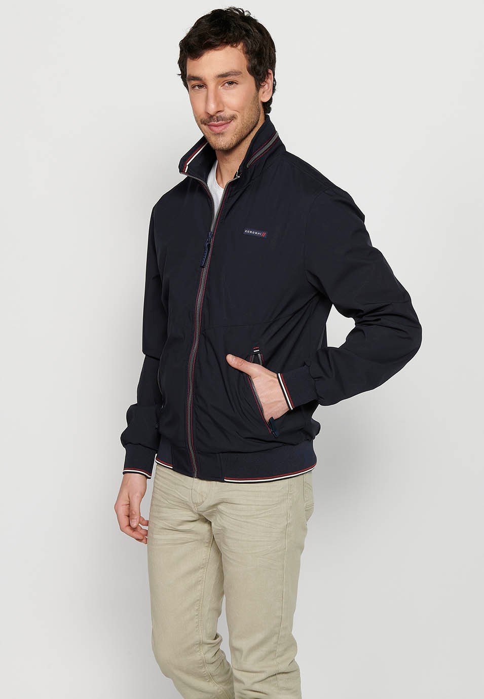 Long-sleeved high-neck jacket with front zipper closure and ribbed finishes with pockets, one inside in Navy for Men 4
