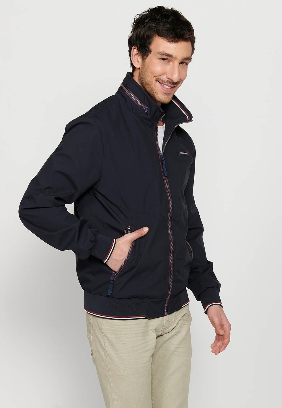 Long-sleeved high-neck jacket with front zipper closure and ribbed finishes with pockets, one inside in Navy for Men 2