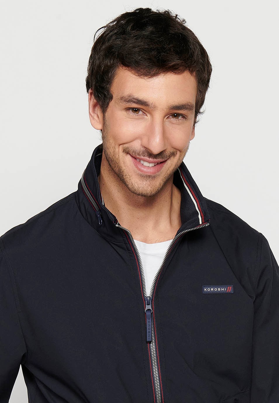 Long-sleeved high-neck jacket with front zipper closure and ribbed finishes with pockets, one inside in Navy for Men 6