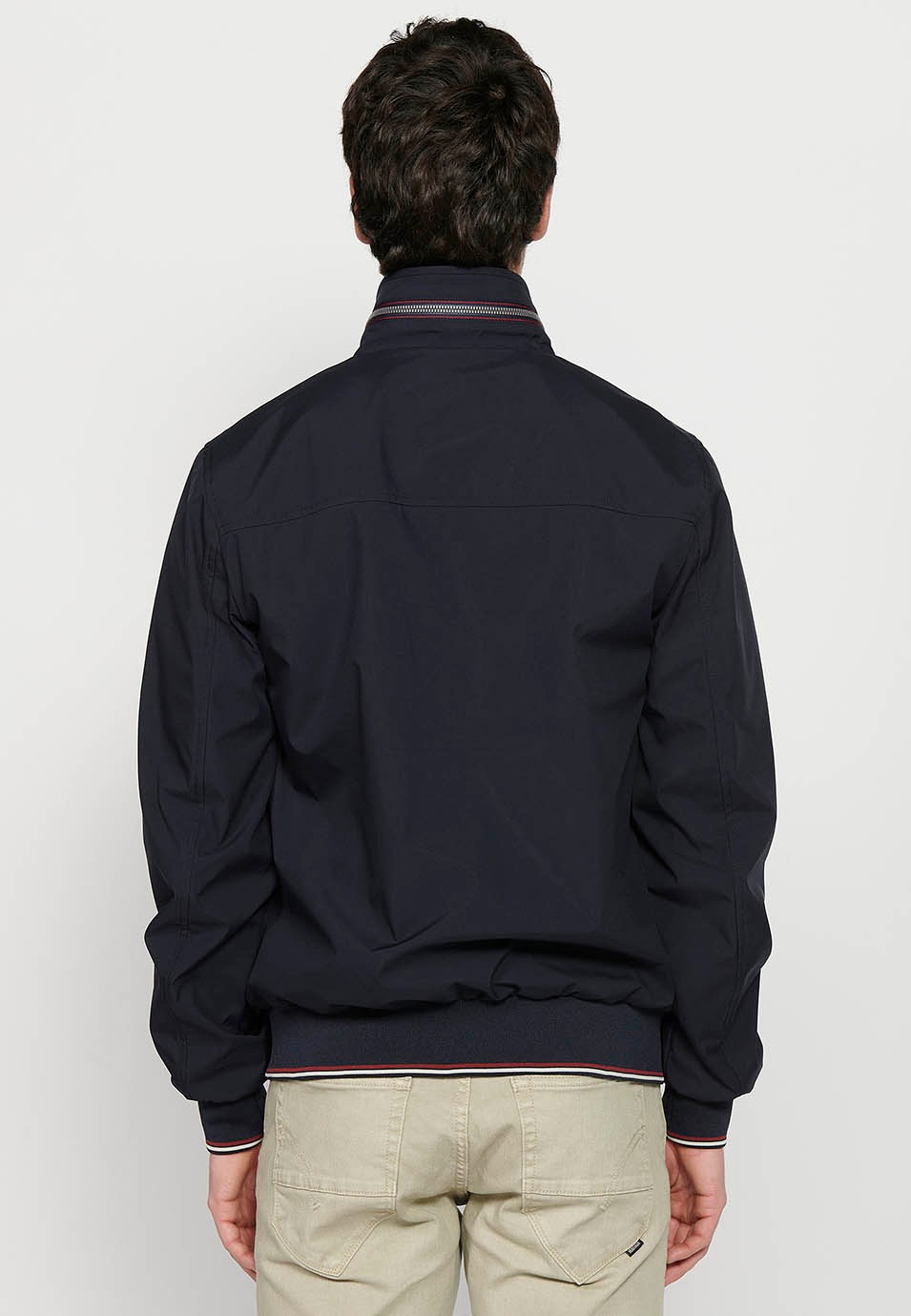 Long-sleeved high-neck jacket with front zipper closure and ribbed finishes with pockets, one inside in Navy for Men 8