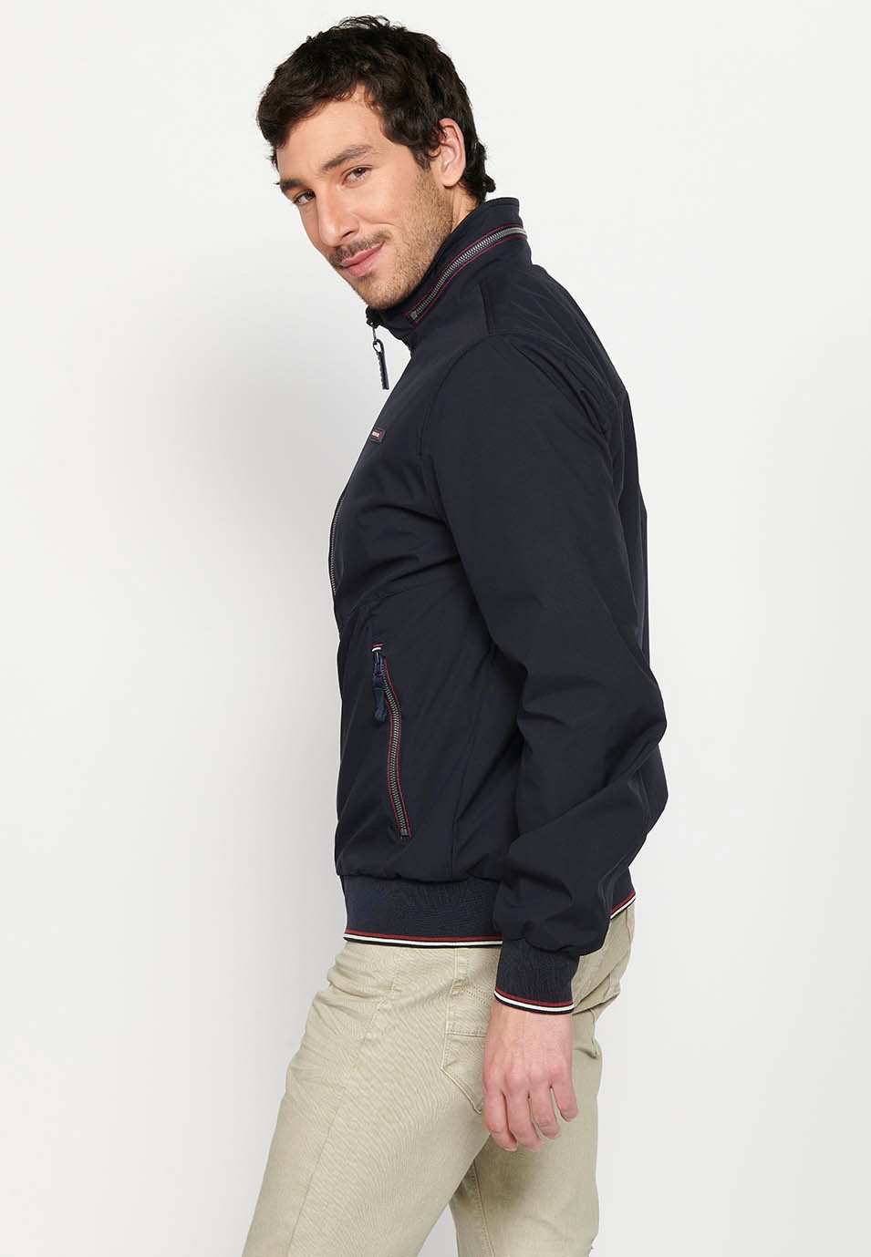 Long-sleeved high-neck jacket with front zipper closure and ribbed finishes with pockets, one inside in Navy for Men 7