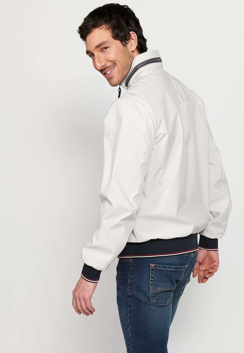 Long-sleeved high-neck jacket with front zipper closure and ribbed finishes with pockets, one inside in Gray for Men