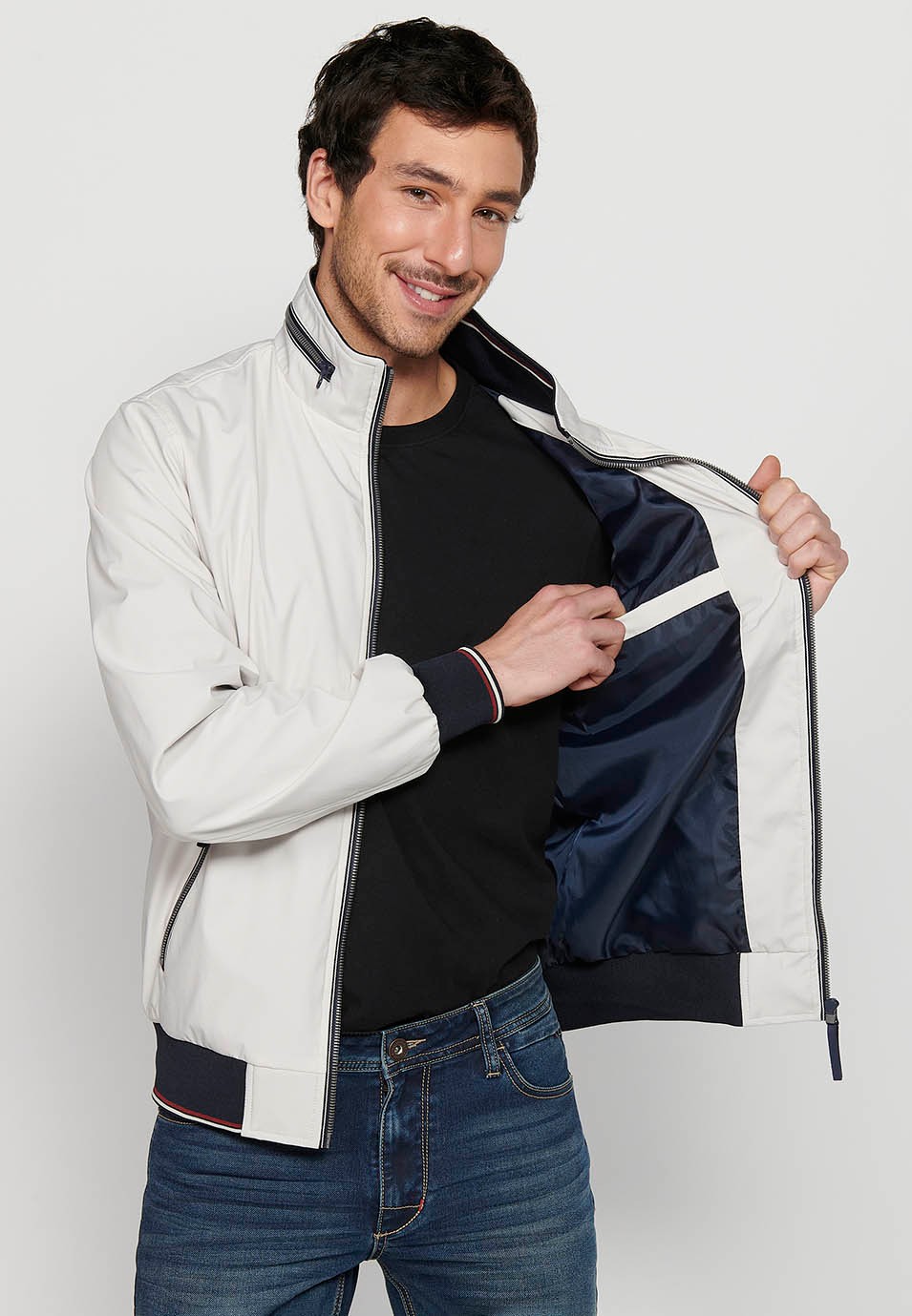 Long-sleeved high-neck jacket with front zipper closure and ribbed finishes with pockets, one inside in Gray for Men